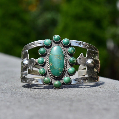 Vintage Native American Coin Silver Turquoise Cuff, Thunderbird Eagle, Hammered Silver Symbols, Green Turquoise, Old Pawn Jewelry, 5 3/4" L