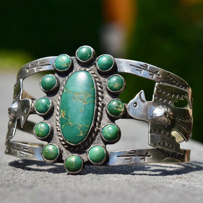 Vintage Native American Coin Silver Turquoise Cuff, Thunderbird Eagle, Hammered Silver Symbols, Green Turquoise, Old Pawn Jewelry, 5 3/4" L