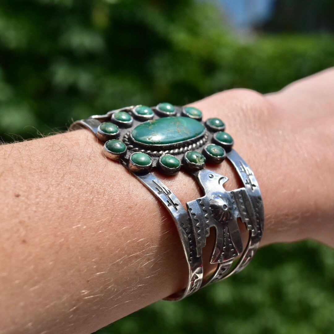 Vintage Native American Coin Silver Turquoise Cuff, Thunderbird Eagle, Hammered Silver Symbols, Green Turquoise, Old Pawn Jewelry, 5 3/4" L