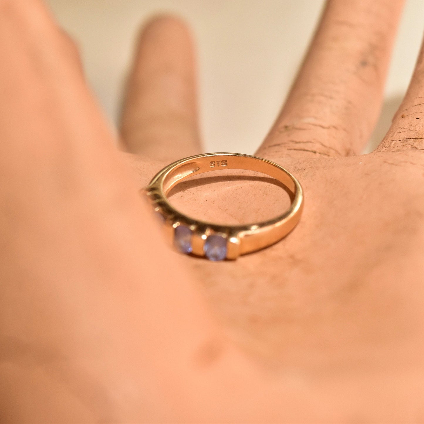 Vintage 14K yellow gold tanzanite band ring with 4 stones in half eternity style, perfect for anniversaries, engagements or stacking. 585 European gold mark, size 7 1/4 US.