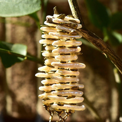 Vintage Chunky Mother Of Pearl Shell Cuff Bracelet, Yellow Gold Plated Fragments Iridescent Shells, Boho Style, Statement Piece, 7 1/2 L