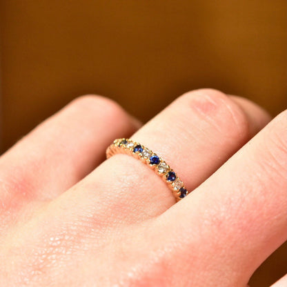 Vintage 14K Yellow Gold Diamond Sapphire Half Eternity Ring, Multi-Stone Pave Ring, Thin Gold Band, 585 Anniversary Ring, Size 6 1/2 US