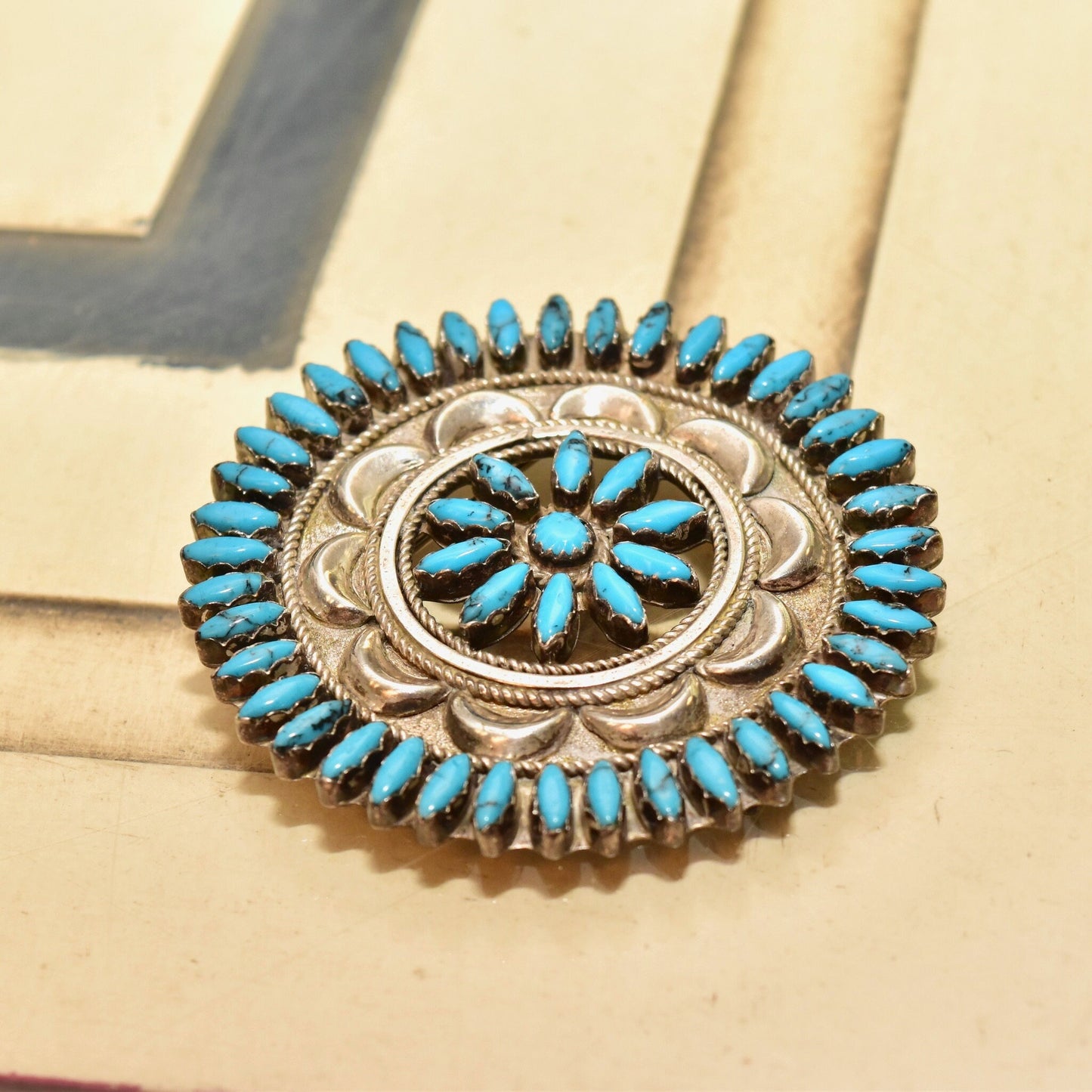 Zuni Needlepoint Turquoise Brooch Pin, Native American Handmade Sterling Silver Turquoise Medallion Brooch, 2 1/2"