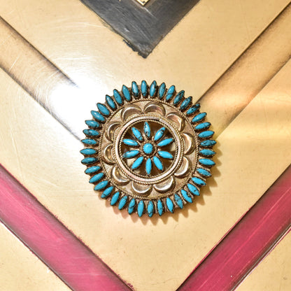 Zuni Needlepoint Turquoise Brooch Pin, Native American Handmade Sterling Silver Turquoise Medallion Brooch, 2 1/2"