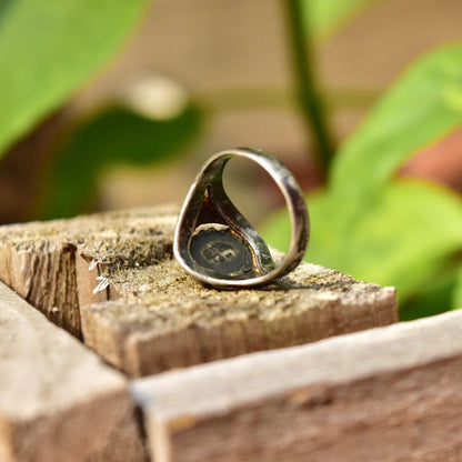 Vintage Native American Sterling Silver Green Turquoise Ring, Oxidized Silver Setting, Hammered Designs, Shield Ring, Size 6.5 US