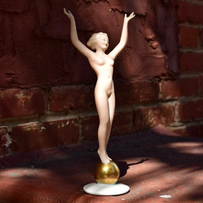 Vintage Signed WALLENDORF Hand Painted & Gilded Nude Globe Porcelain Figurine, 12" Tall