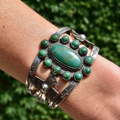 Vintage Native American Coin Silver Turquoise Cuff, Thunderbird Eagle, Hammered Silver Symbols, Green Turquoise, Old Pawn Jewelry, 5 3/4" L