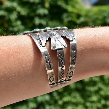 Vintage Native American Coin Silver Turquoise Cuff, Thunderbird Eagle, Hammered Silver Symbols, Green Turquoise, Old Pawn Jewelry, 5 3/4" L