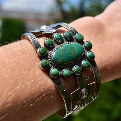 Vintage Native American Coin Silver Turquoise Cuff, Thunderbird Eagle, Hammered Silver Symbols, Green Turquoise, Old Pawn Jewelry, 5 3/4" L