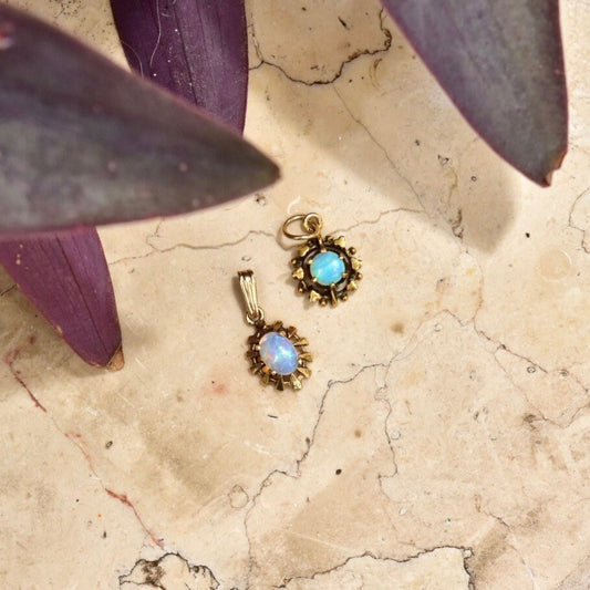 14K Opal Starburst Pendants, Mini Ornate Gemstone Charms, Dainty Gold Necklace Pendants, Art Deco Style