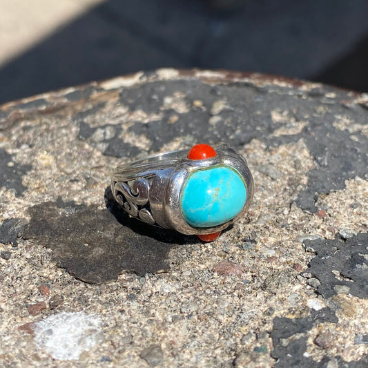Sterling Silver Turquoise Ring with Red Coral Accents, Ornate Cutout Design, Chunky Gemstone Jewelry, 925 Stamp, Size 5 US