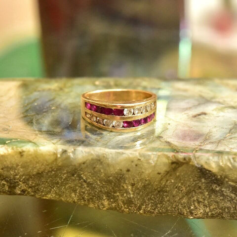 14K Channel Set Diamond Ruby Ring In Yellow Gold, Alternating Two-Row Design, Vintage Anniversary Ring, Size 6 US