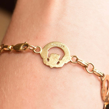 14K Irish Claddagh Link Bracelet In Yellow Gold, Symbol Of Love, Loyalty & Friendship, Vintage Jewelry, 7 3/4" L