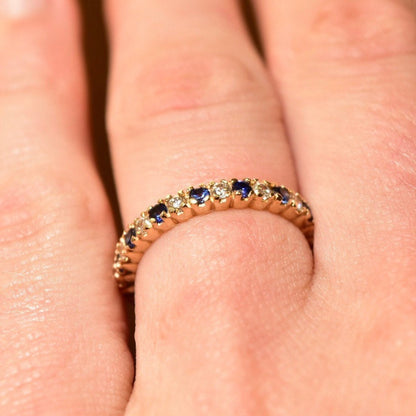 Vintage 14K Yellow Gold Diamond Sapphire Half Eternity Ring, Multi-Stone Pave Ring, Thin Gold Band, 585 Anniversary Ring, Size 6 1/2 US