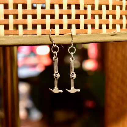 Sterling Silver Hammer & Wrench Dangle Earrings, Cute Silver Mechanic Tool Charms, Vintage 925 Fish Hook Earrings, 1 7/8"