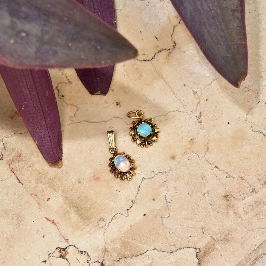14K Opal Starburst Pendants, Mini Ornate Gemstone Charms, Dainty Gold Necklace Pendants, Art Deco Style