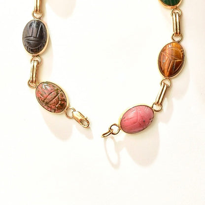 14K Scarab Bracelet, Carved Multi-Stone Link Bracelet, Natural Gemstones, Yellow Gold, Egyptian Revival, 8 1/8" L