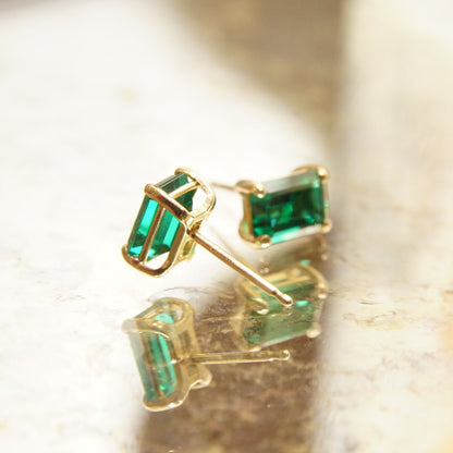 14K Emerald Studs Earrings, Classic 4-Prong Emerald-Cut Created Emerald Studs, Estate Jewelry, 7mm