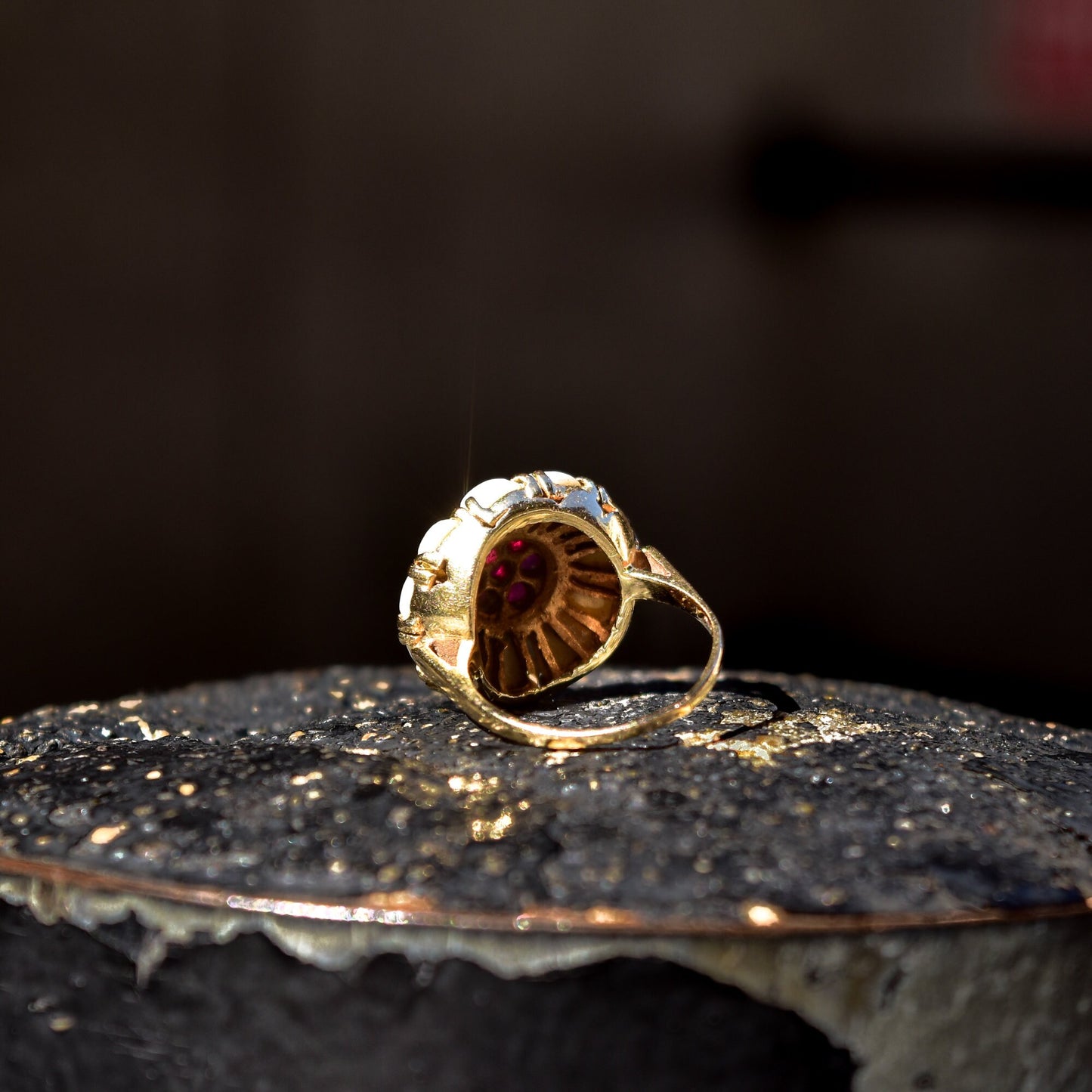 14K yellow gold estate ring featuring a pink ruby and pearl flower dome cluster design, sized 9 US.