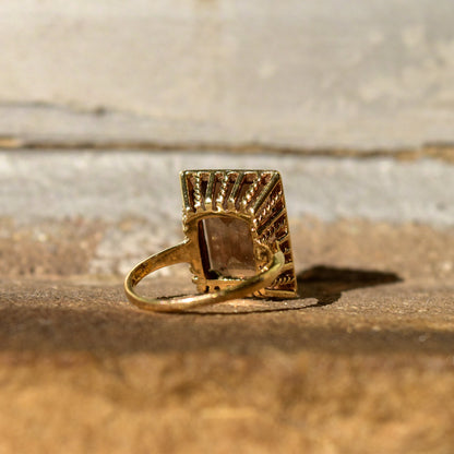 10K Smoky Quartz Cocktail Ring, Emerald-Cut Gemstone, Textured Yellow Gold Setting, Estate Jewelry, Size 8 US
