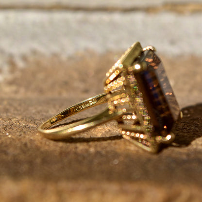 10K Smoky Quartz Cocktail Ring, Emerald-Cut Gemstone, Textured Yellow Gold Setting, Estate Jewelry, Size 8 US