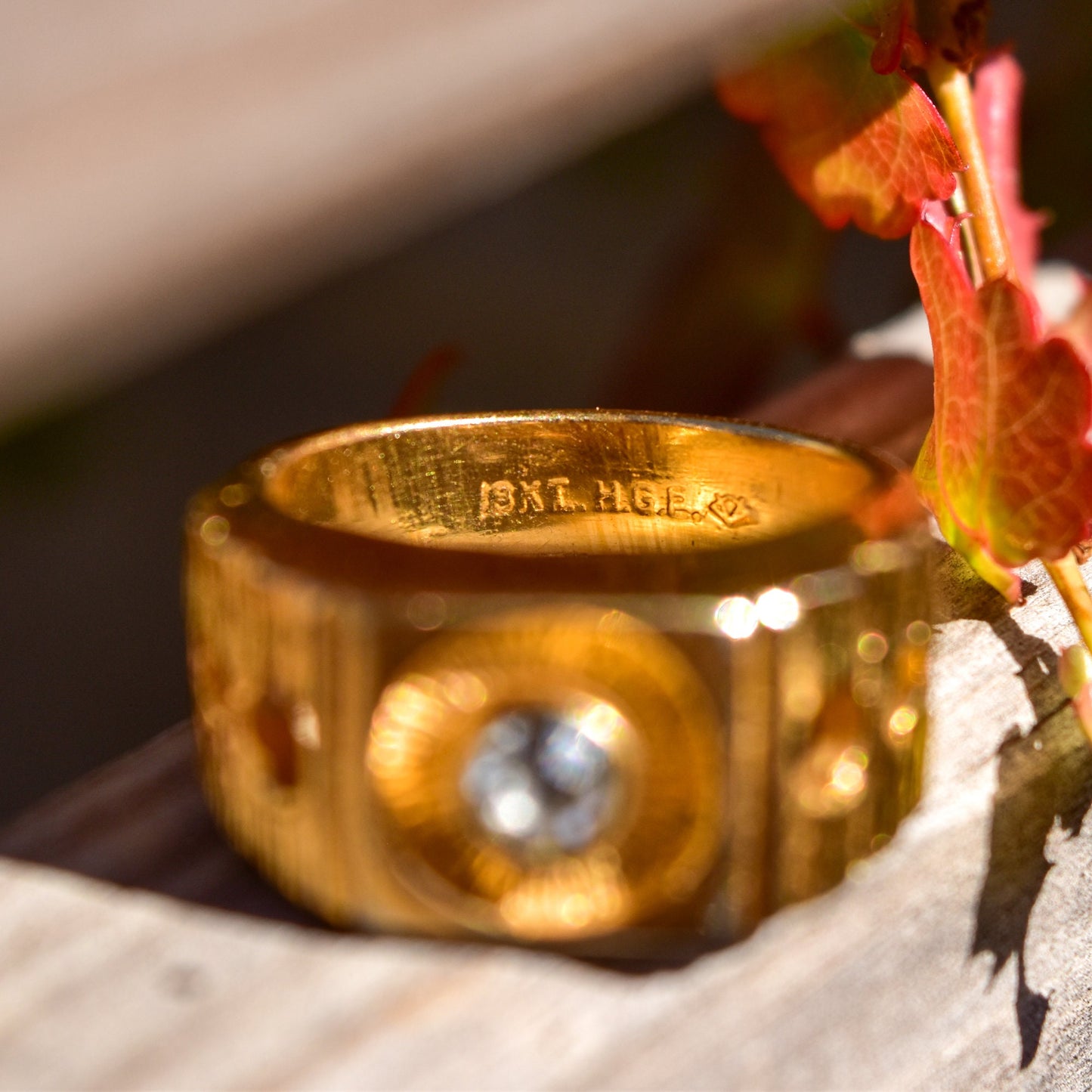 18K gold-plated textured signet ring with diamond accent and circle cutout design, shown with fall leaves