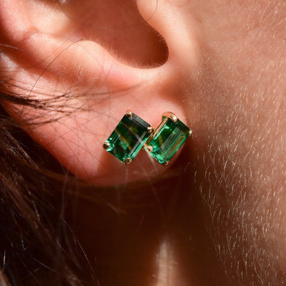 14K Emerald Studs Earrings, Classic 4-Prong Emerald-Cut Created Emerald Studs, Estate Jewelry, 7mm