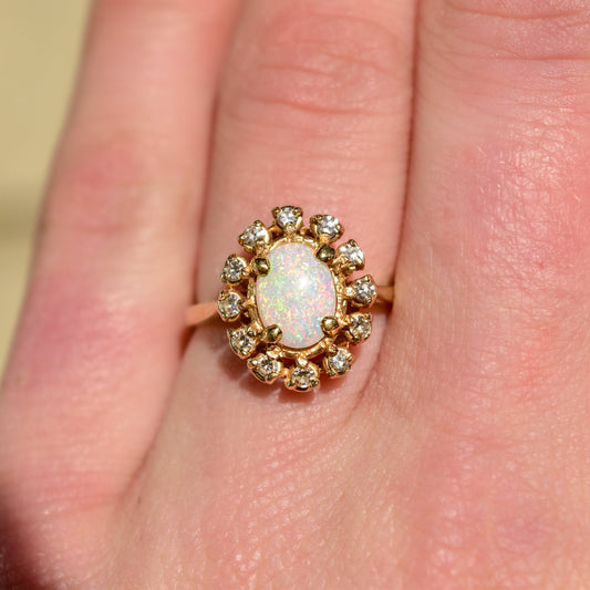 Estate 10K White Opal Diamond Halo Engagement Ring, Yellow Gold Cocktail Ring, October Birthstone, Size 7 US