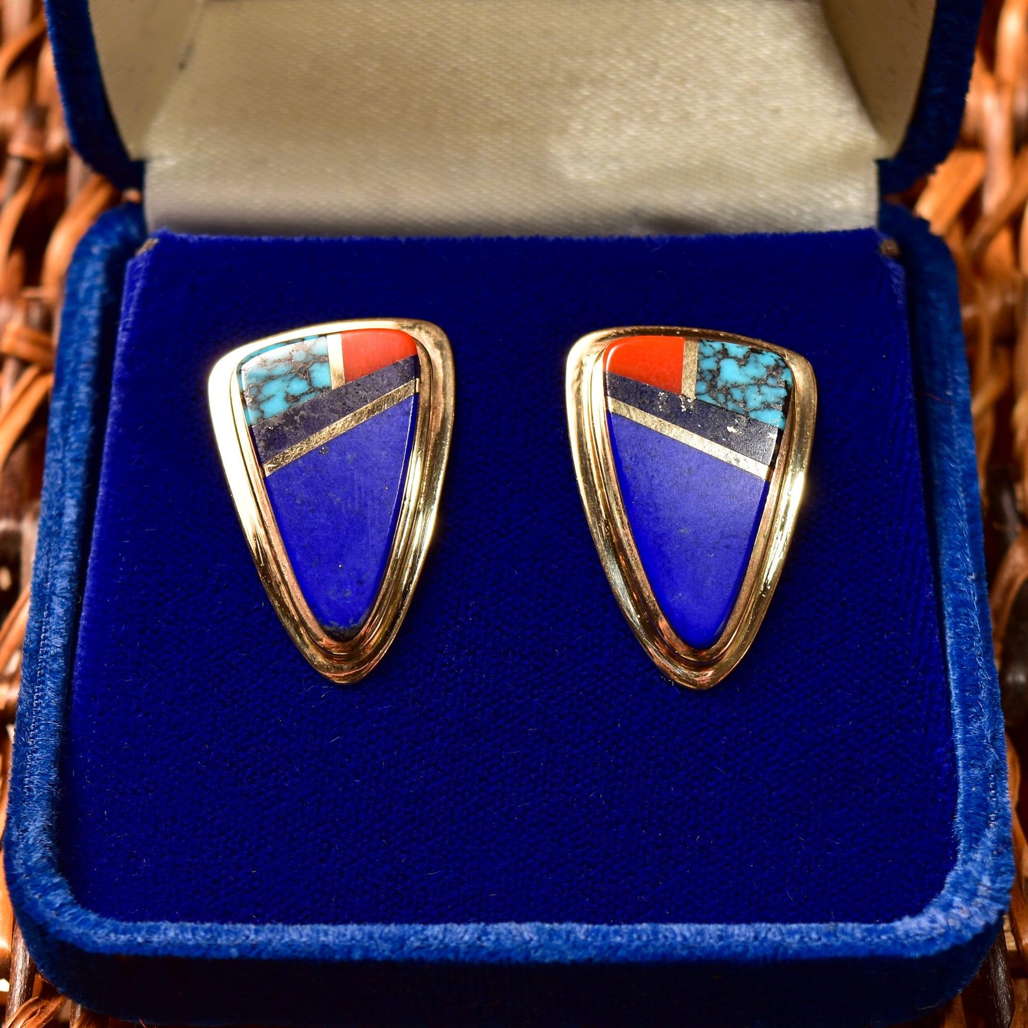 Signed Sonwai 14K Inlay Hopi Earrings, Yellow Gold, Lapis Lazuli, Turq