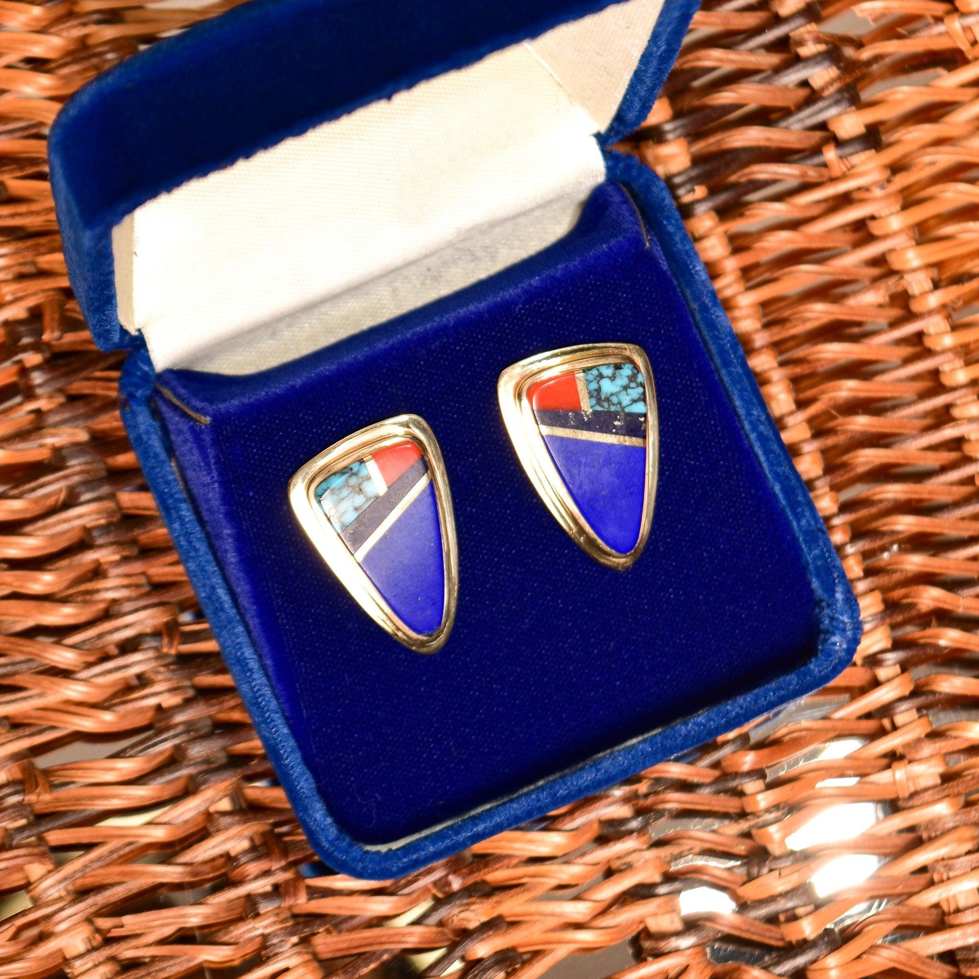 Signed Sonwai 14K Inlay Hopi Earrings, Yellow Gold, Lapis Lazuli, Turquoise  & Coral, Verma Nequatewa, 30mm