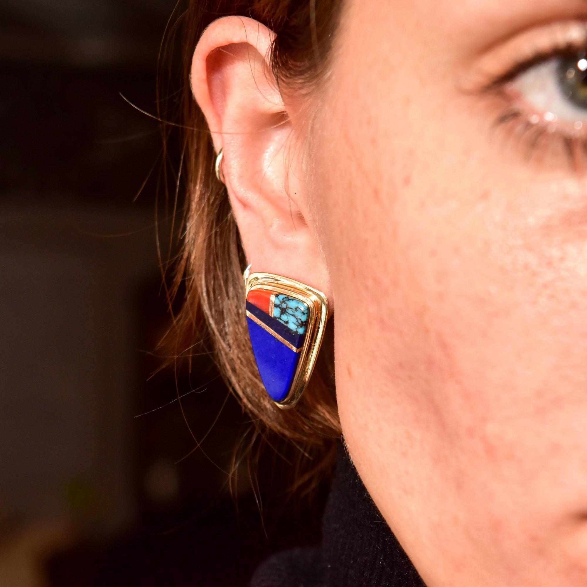 Signed Sonwai 14K Inlay Hopi Earrings, Yellow Gold, Lapis Lazuli