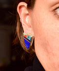 Signed Sonwai 14K Inlay Hopi Earrings, Yellow Gold, Lapis Lazuli, Turquoise & Coral, Verma Nequatewa, 30mm - Good's Vintage