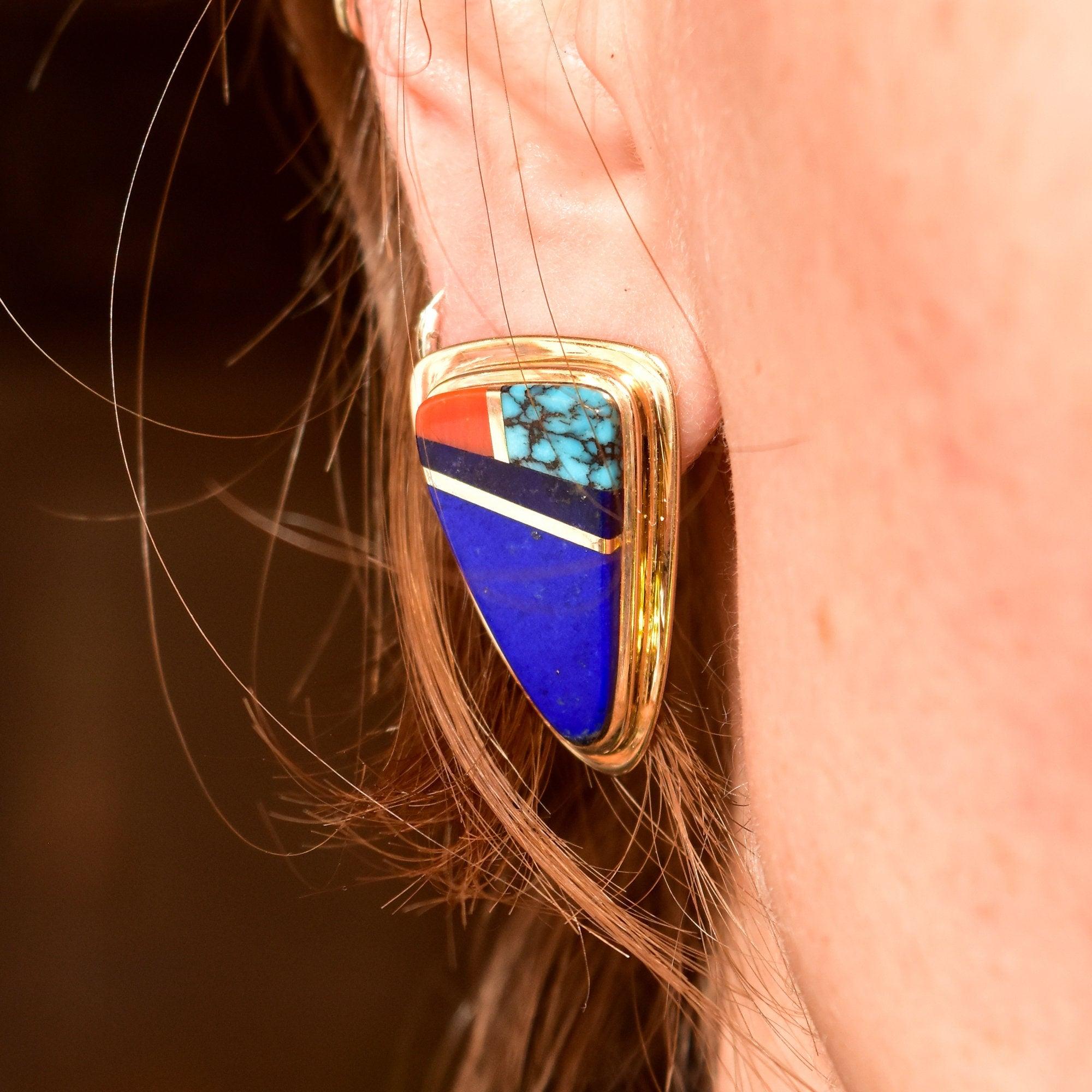 Signed Sonwai 14K Inlay Hopi Earrings, Yellow Gold, Lapis Lazuli, Turq