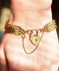Victorian 9ct Gate Link Heart Lock Bracelet, Engraved Decoration, Reversible Yellow Gold Bracelet, 7 1/2" - Good's Vintage