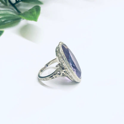 Vintage 18K white gold ring featuring an oval-cut amethyst gemstone surrounded by intricate filigree and milgrain detailing on the band, displayed on a white background with a blurred green leaf in the upper left corner.