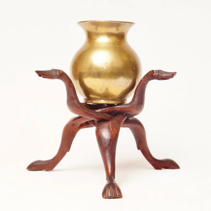 Vintage Hand-Carved Wood Cobra Stand & Brass Bowl, 3-Legged Greyhound Dog Bowl Stand, Interlocking Wooden Stand, Round Brass Vase, 7 1/4" H