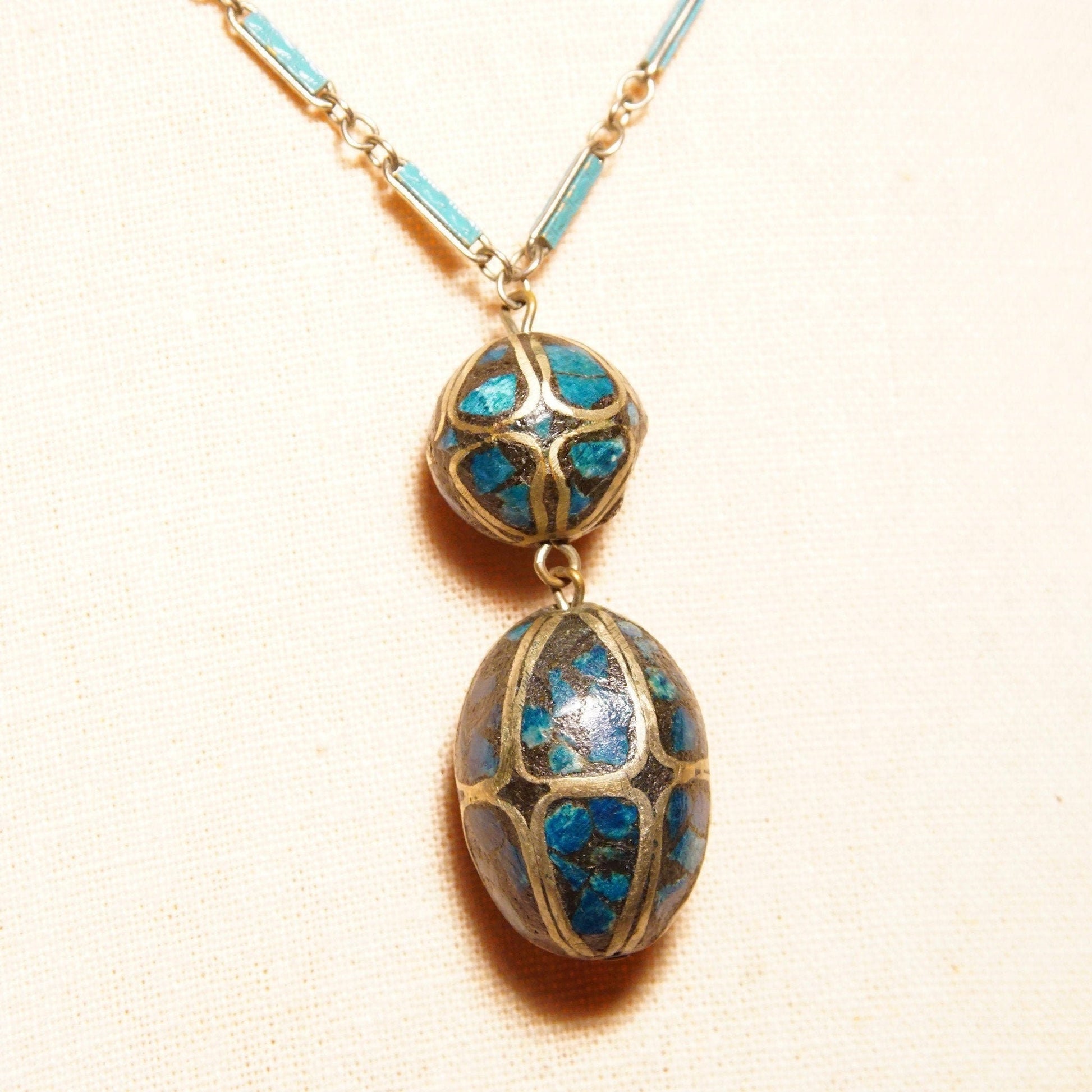 Vintage Indian mosaic turquoise brass inlay bauble pendant necklace with two-bead drop pendant on blue enamel silver link chain, 18 inches long