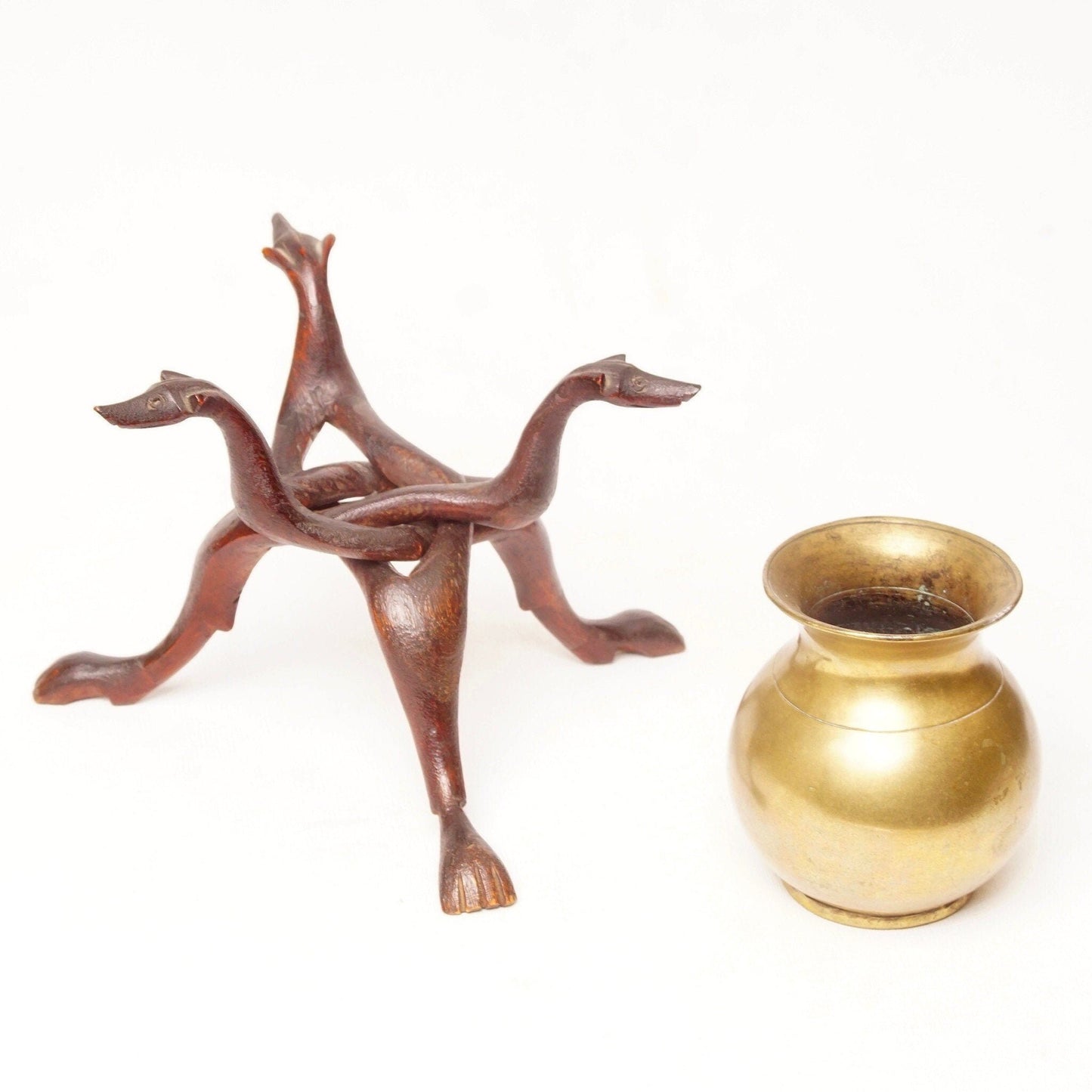 Vintage Hand-Carved Wood Cobra Stand & Brass Bowl, 3-Legged Greyhound Dog Bowl Stand, Interlocking Wooden Stand, Round Brass Vase, 7 1/4" H