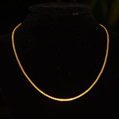 Vintage 22K yellow gold chain necklace with flat Bismark link design, minimalist choker style, made in India by KDM, measuring approximately 16.25 inches long and 2mm wide.