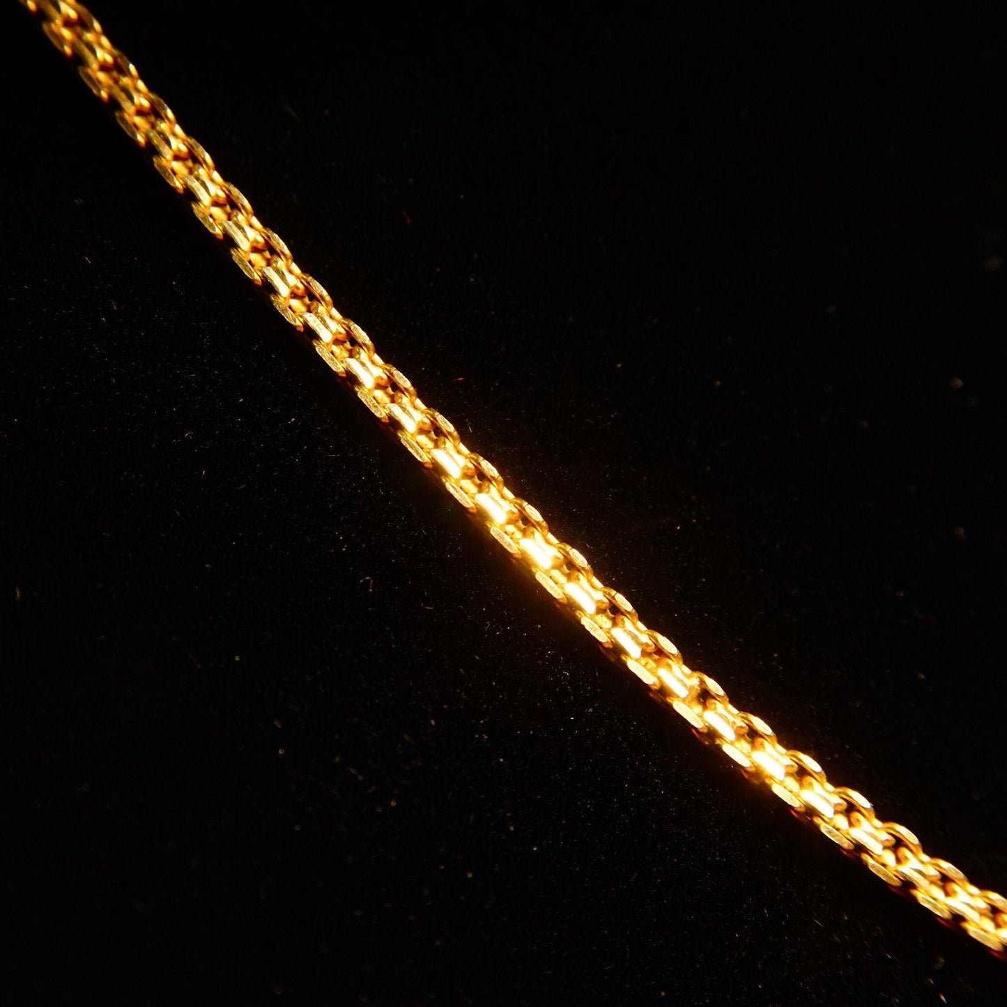 Vintage 22K yellow gold Bombay Bismark chain necklace with 2mm flat links, minimalist choker style, made in India by KDM, measures 16.25 inches long.