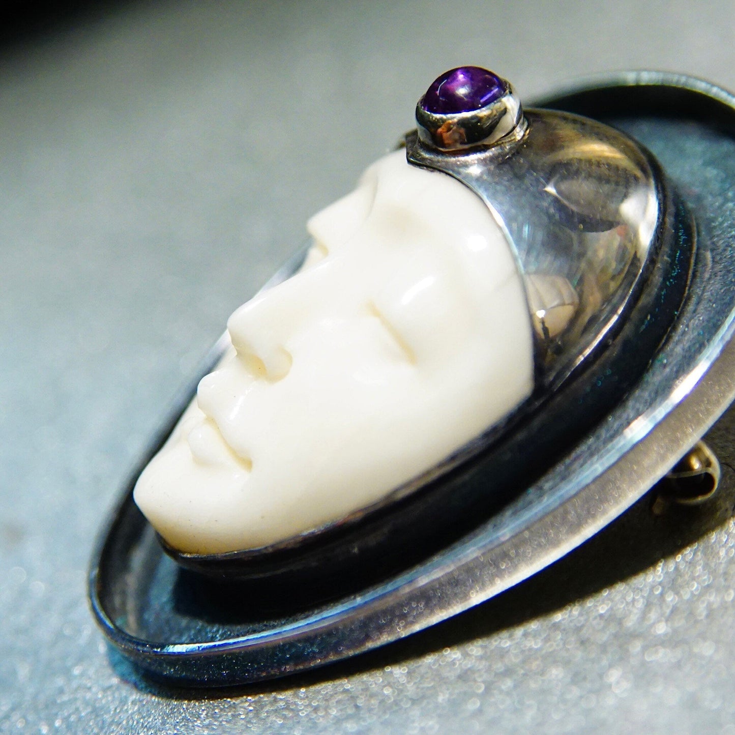 Vintage Sajen Sterling Silver Pendant with Carved Bovine Bone Moon Goddess and Amethyst, Unique 925 Extraterrestrial Jewelry Brooch, 1.5 Inches