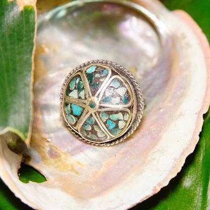 Vintage Silver & Turquoise Mosaic Inlay Flower Dome Ring, Unique Turquoise Ring With Silver Details, Statement Ring, Size 5 US