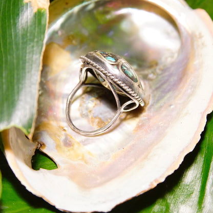 Vintage Silver & Turquoise Mosaic Inlay Flower Dome Ring, Unique Turquoise Ring With Silver Details, Statement Ring, Size 5 US