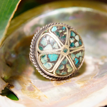 Vintage Silver & Turquoise Mosaic Inlay Flower Dome Ring, Unique Turquoise Ring With Silver Details, Statement Ring, Size 5 US