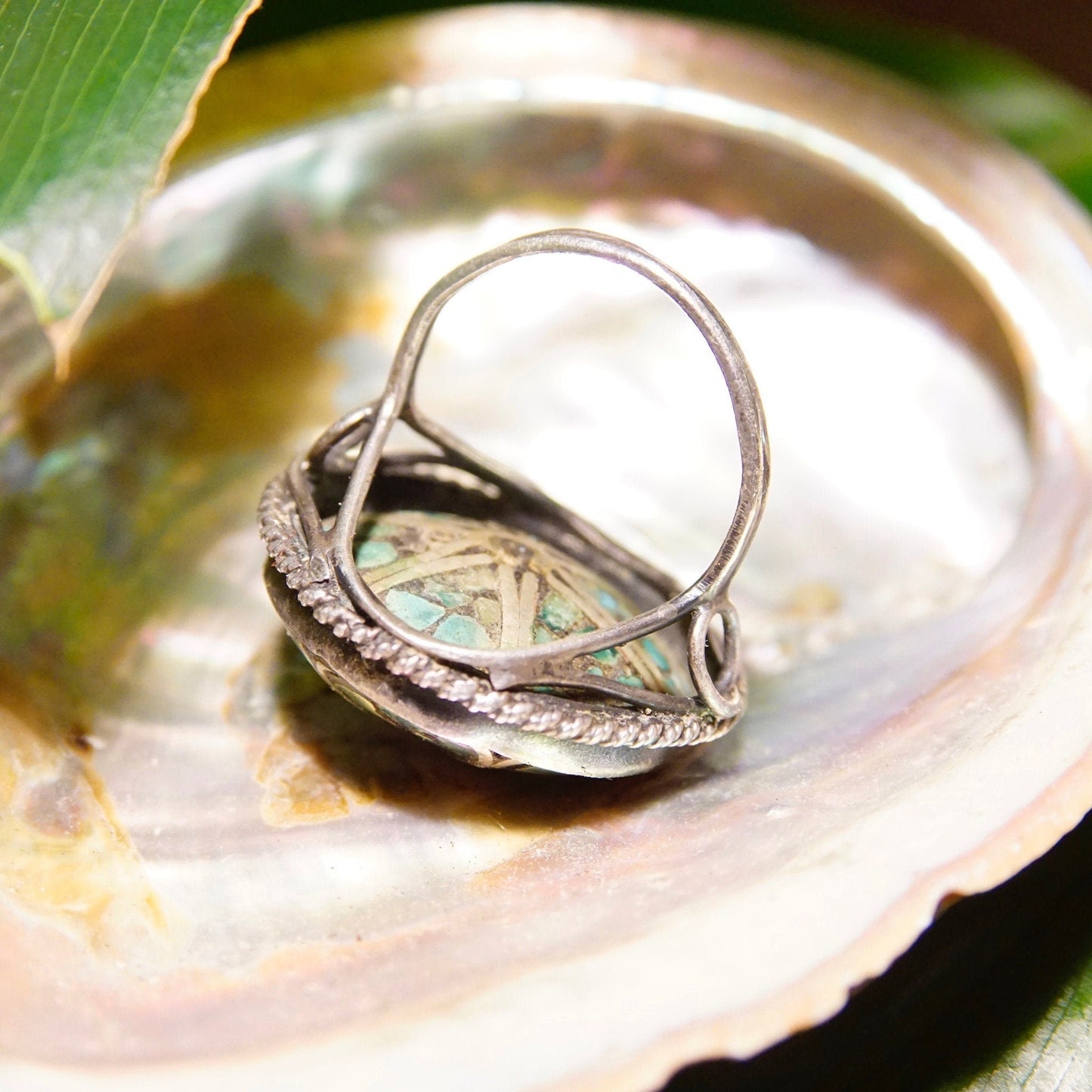 Vintage Silver & Turquoise Mosaic Inlay Flower Dome Ring, Unique Turquoise Ring With Silver Details, Statement Ring, Size 5 US