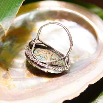 Vintage Silver & Turquoise Mosaic Inlay Flower Dome Ring, Unique Turquoise Ring With Silver Details, Statement Ring, Size 5 US