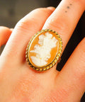 Antique 14K Gold Harp Player Cameo Ring, Large Classic Relief Carved Diaphanous Figural Cameo, Yellow Gold Ribbon Setting, Size 9 1/2 US - Good's Vintage