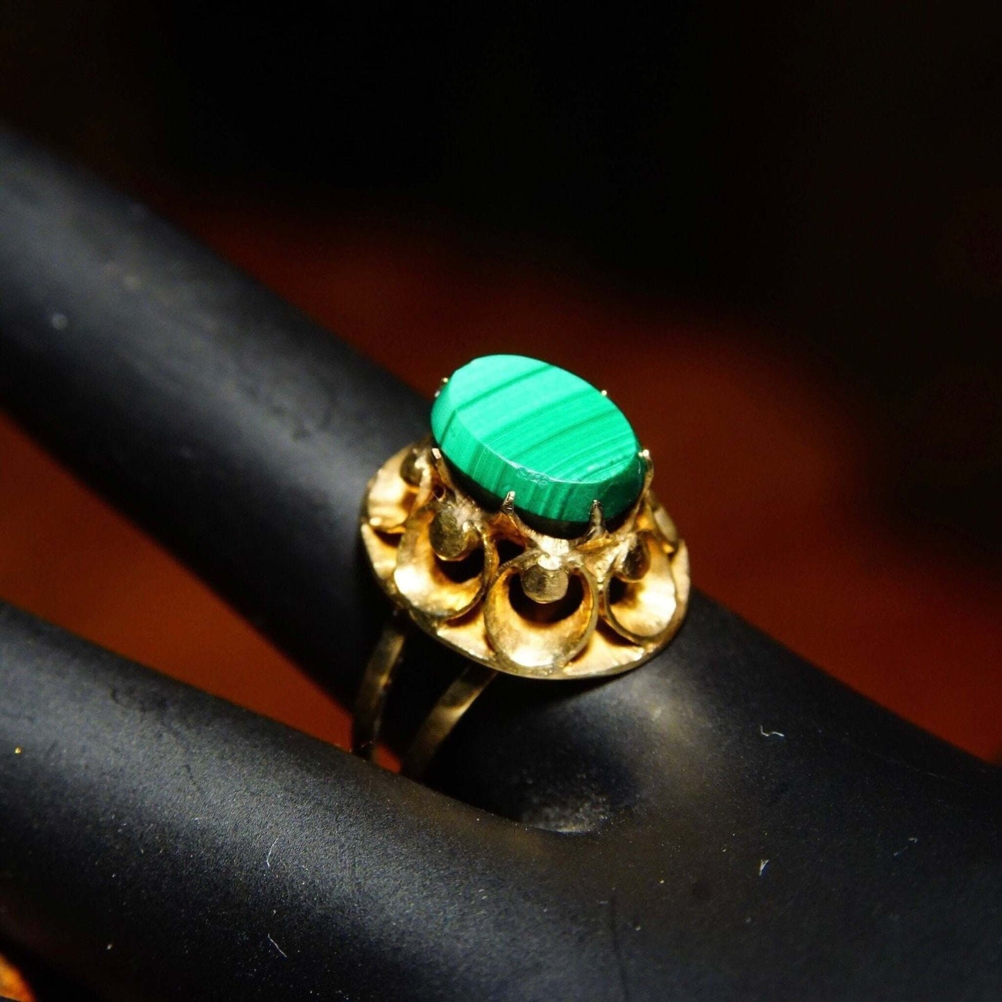 Antique 14K Yellow Gold Malachite Ring, Ornate Cathedral Setting, Green Banded Malachite Gemstone, 585 Jewelry, Size 6 1/4 US