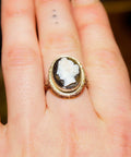 Art Deco 14K Black & White Chalcedony Cameo Filigree Ring, White Gold Setting, Ladies Carved Stone Cameo, 7 3/4 US - Good's Vintage