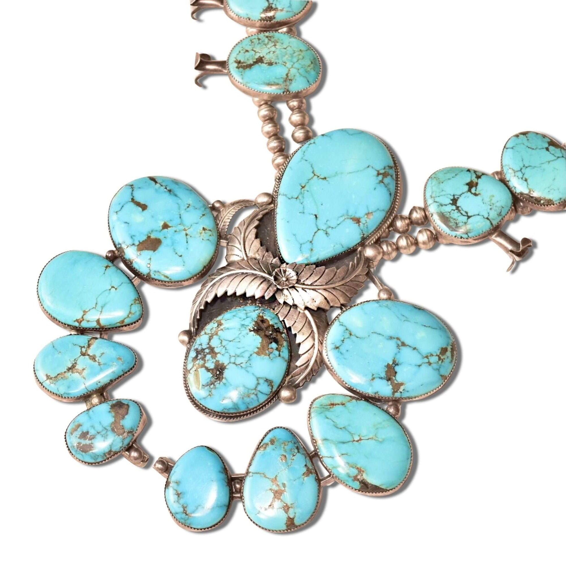 HUGE Native American Turquoise Squash Blossom Necklace, Vintage Old Pawn Jewelry, Navajo Pearls, Natural Blue Turquoise, 32" L - Good's Vintage